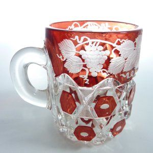 Vintage Red Block Glass Tumbler with Grape Vines, chipped rim